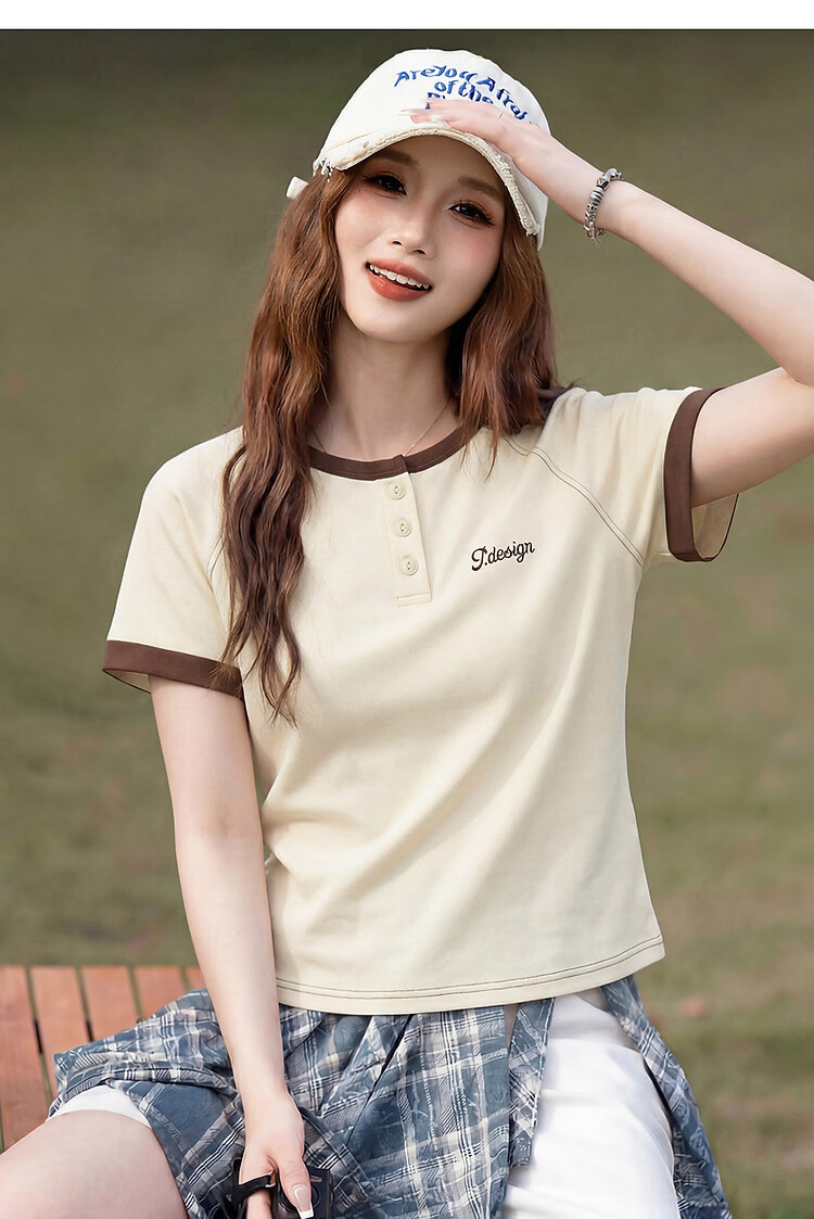 TonLion 2026 Summer Women's Colorblock Mid-Length Short Sleeve T-Shirt Navy Blue L 15