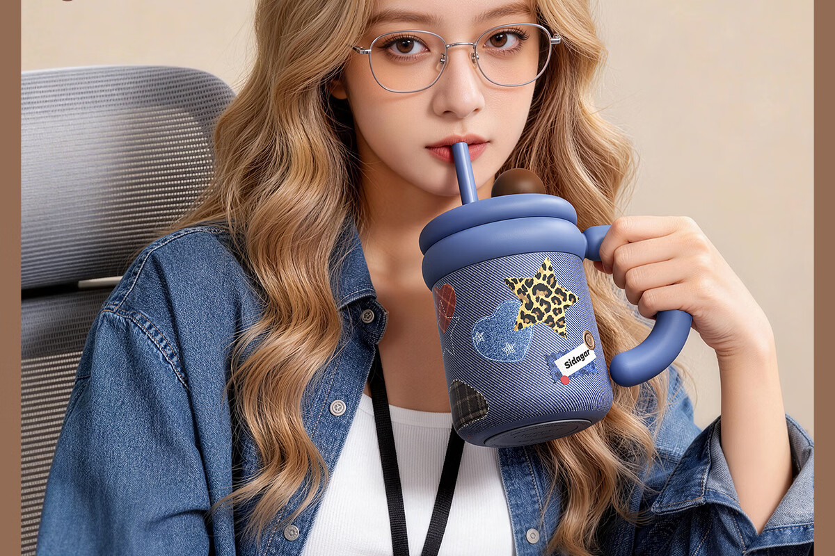 Shida Home Insulated Water Bottle for Women Denim Series Straw Cup Portable High-Value Large Capacity Stainless Steel Car Mug 15