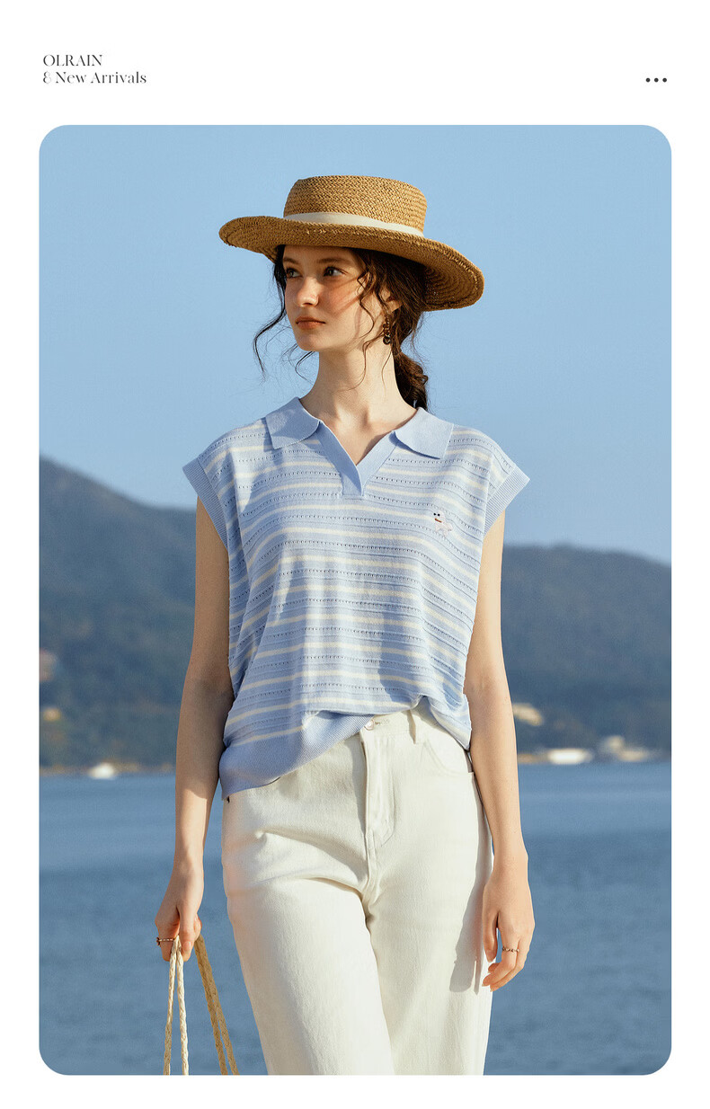 Olrain Summer New Polo Collar Color-Block Embroidered Lightweight Striped Pullover Knitwear for Women Blue Stripes L 2