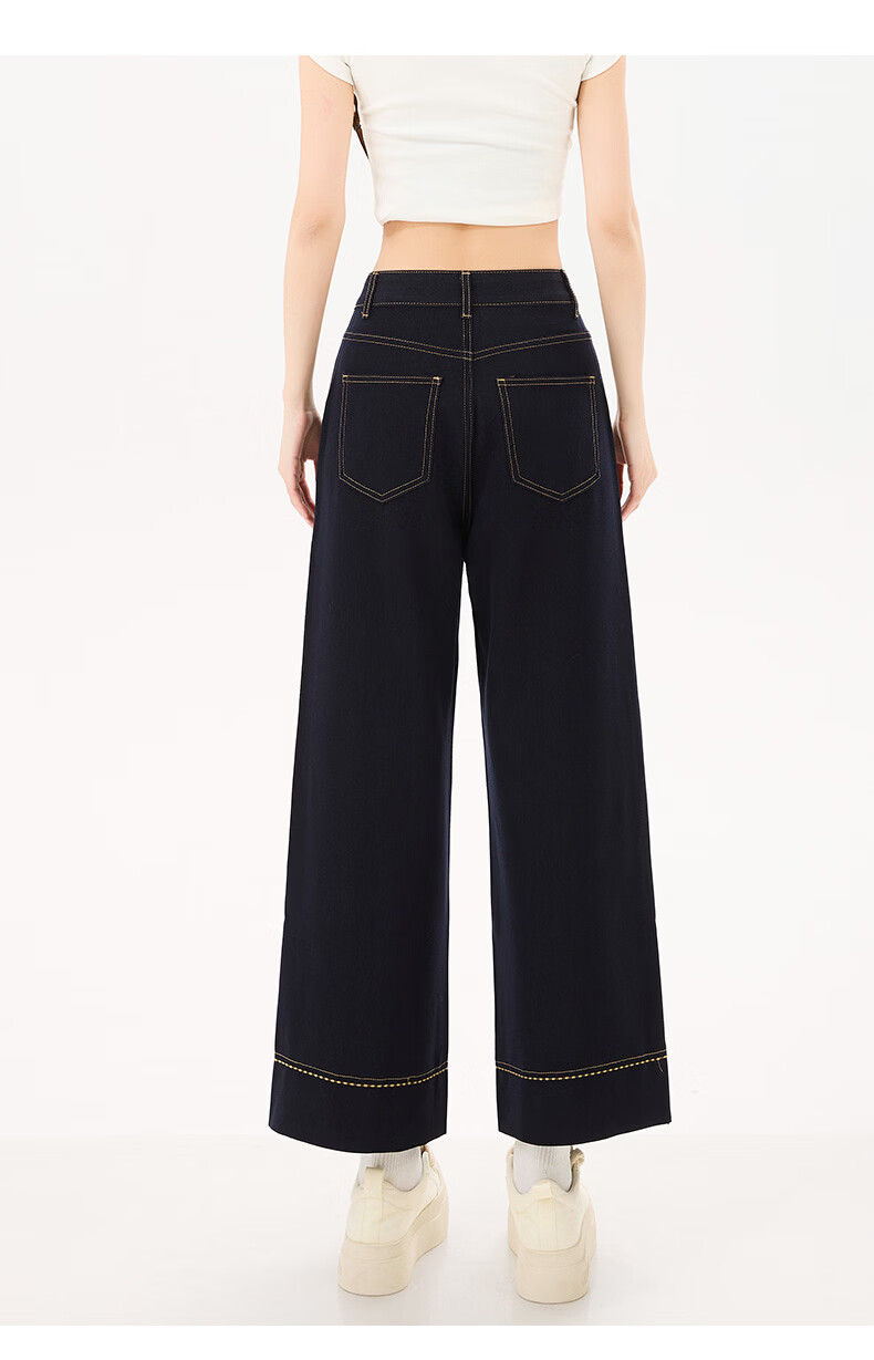 Langsha Women's 9/10 Length Dark Blue High-Waist Stretch Slim Fit Flowing Wide-Leg Denim Jeans Summer Casual Straight Pants 18