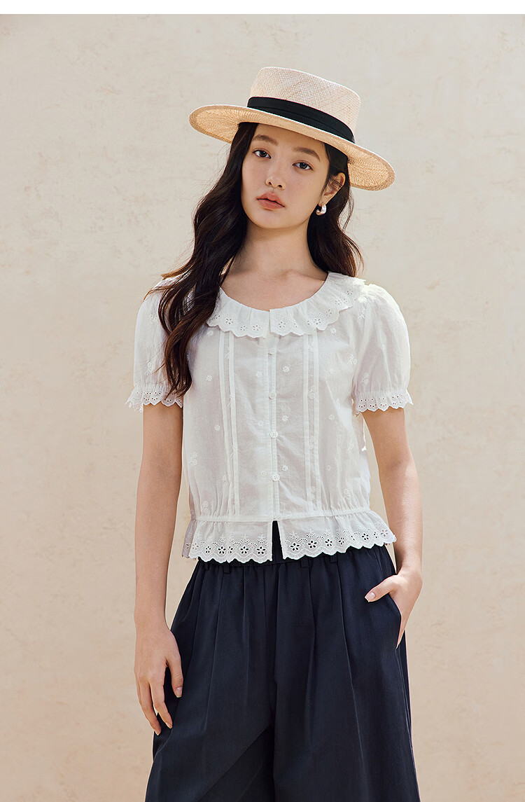 INMAN INMAN [Runway Style] Puff Sleeve Lace Peter Pan Collar Blouse, Summer 2026, Pure Cotton Short Sleeve, White, Size L 23