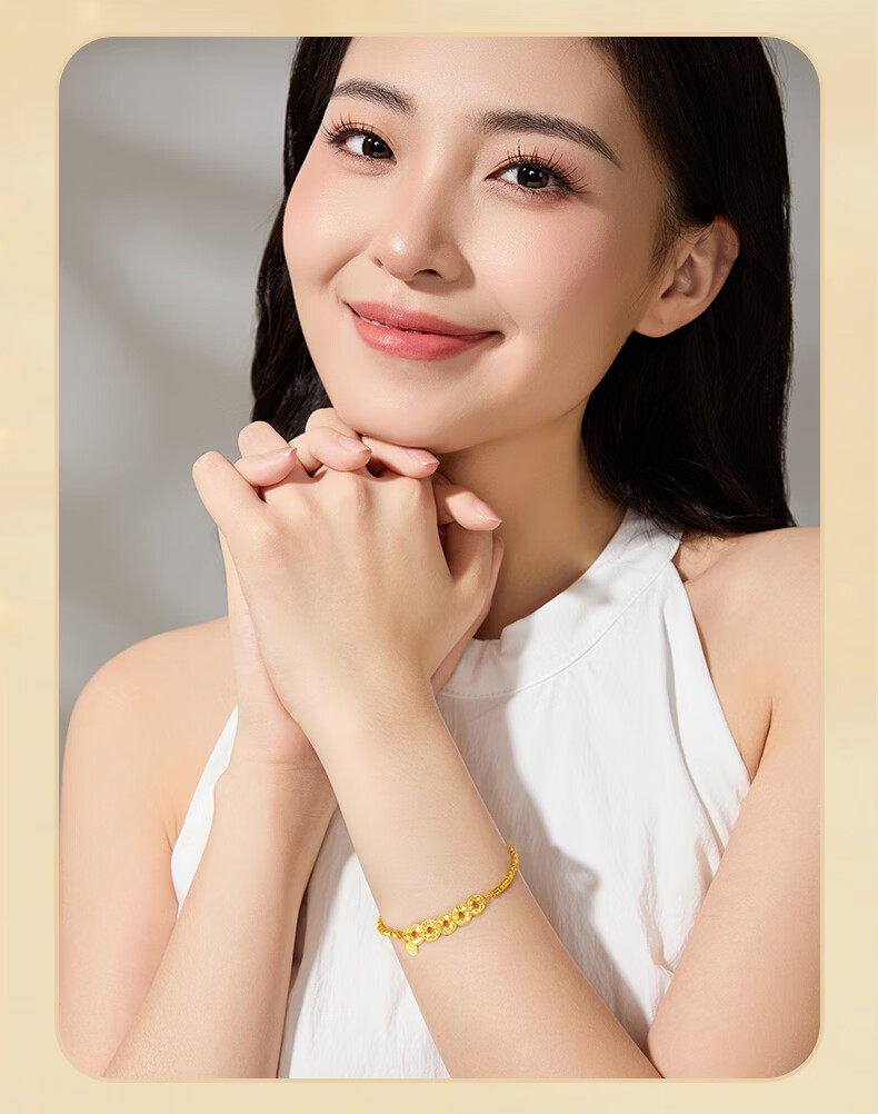 Lao Feng Xiang S925 Silver Five Emperor Coins Ice Fragment Wealth Bracelet Adjustable Women's Valentine's Day Gift for Girlfriend 8