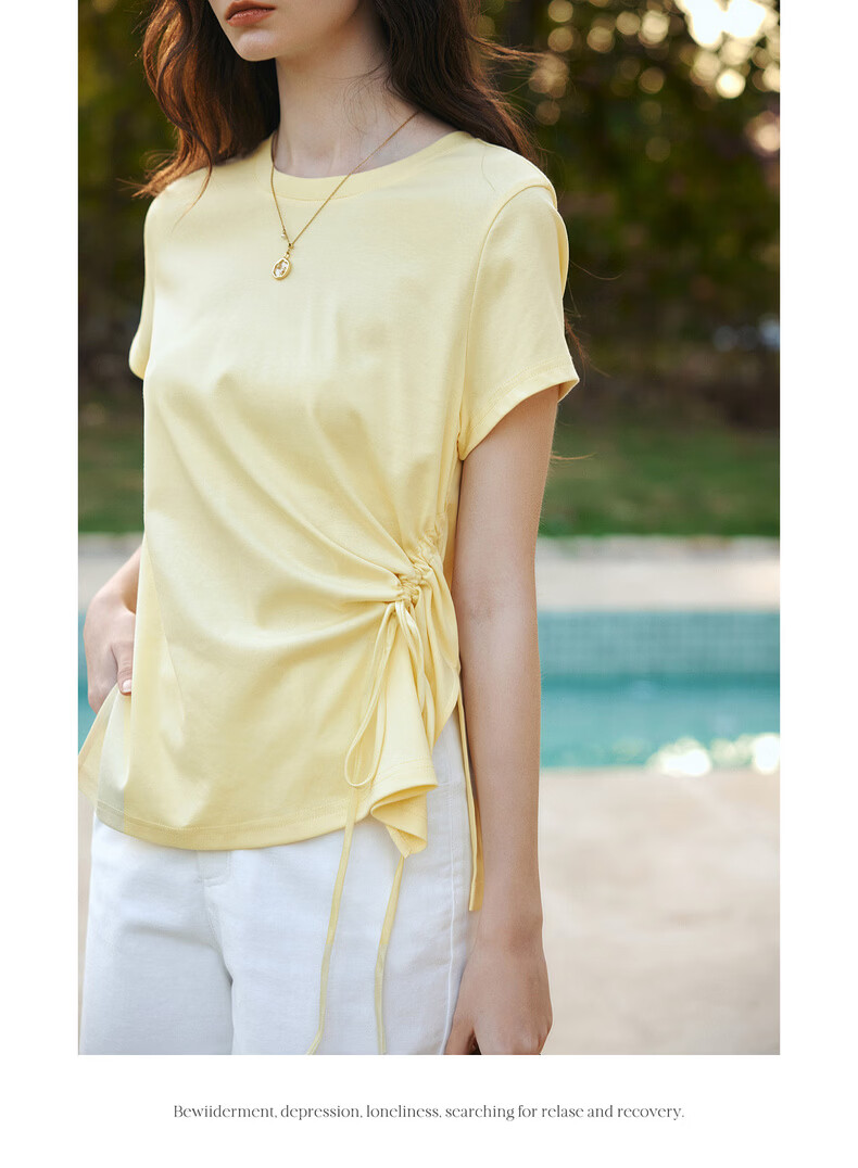 Olrain European Style Summer New French Drawstring Waist Slim Fit Short Sleeve T-Shirt Women Solid Color Versatile Top Yellow L 14