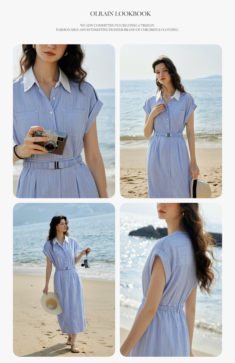 Olrain European Style Summer French Commuter Striped Shirt Dress Waist Slimming Elegant Short Sleeve Dress Blue S 6
