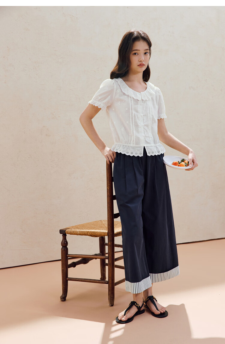 INMAN INMAN [Runway Style] Puff Sleeve Lace Peter Pan Collar Blouse, Summer 2026, Pure Cotton Short Sleeve, White, Size L 24