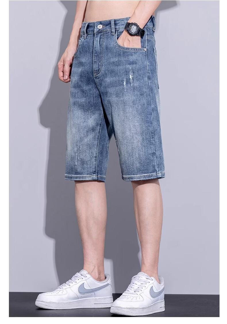 ROMON Summer Lightweight Denim Shorts Men Casual Loose Straight Five-Point Pants Faded Blue Size 30 12