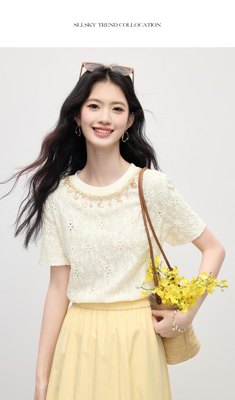 Sllsky Bohemian Heavywork Hollow-out Short Sleeve T-shirt Women Summer 2026 New Elegant Shell Strap Crew Neck Top 20