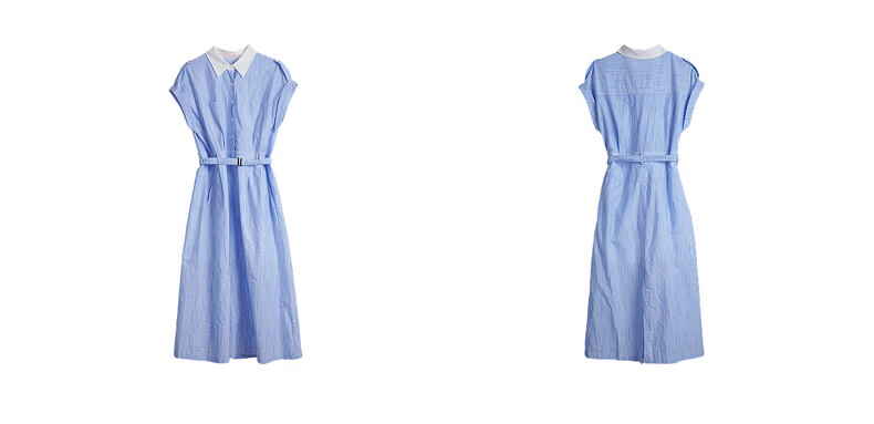 Olrain European Style Summer French Commuter Striped Shirt Dress Waist Slimming Elegant Short Sleeve Dress Blue S 22