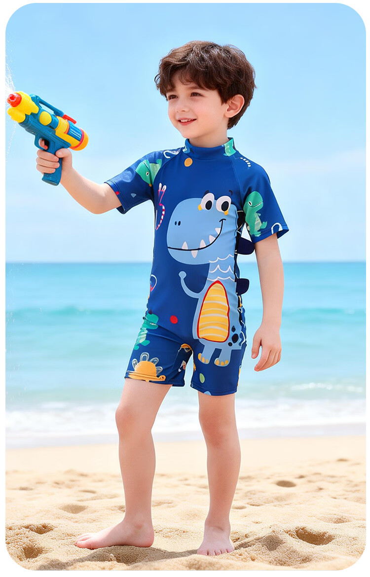 9i9 Kids Boys One-Piece Hooded Sunscreen Quick-Dry Dinosaur Party Baby Hot Spring Swimsuit B100 Blue XL 9