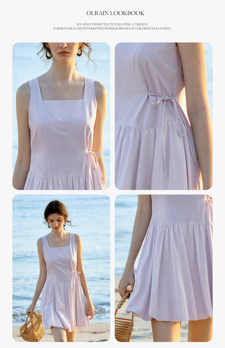 Olrain European Style Summer New French Gentle Short Dress Unique Waist Slimming Sleeveless Bubble Dress Purple XL 6