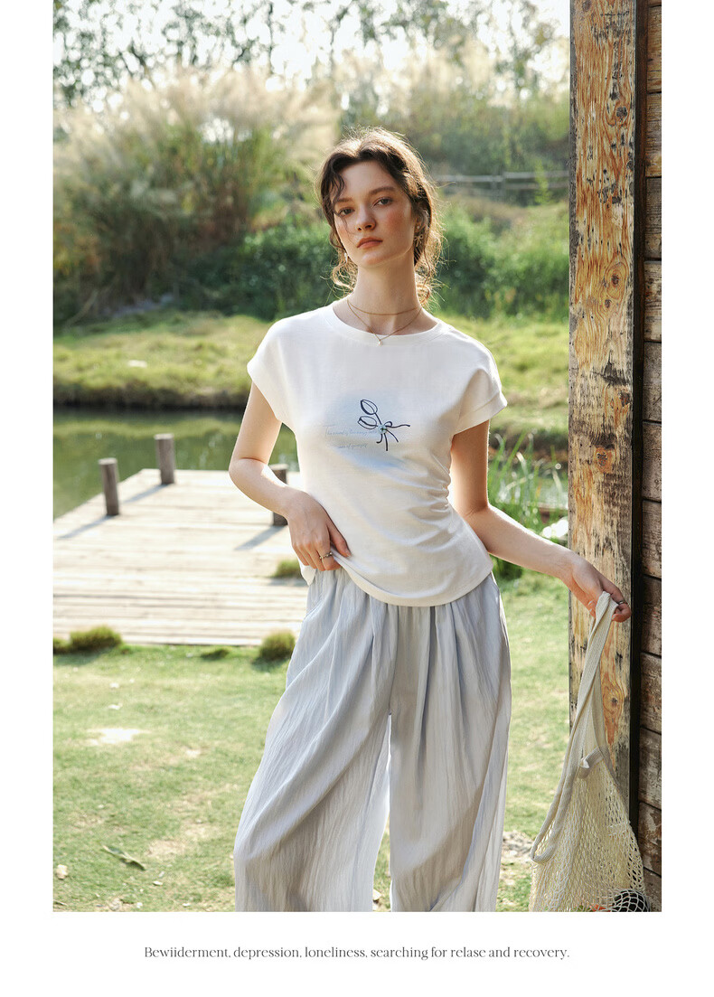 Olrain Eurier Printed Button Sleeve Top New Summer Women's White Casual Commuter Short Sleeve T-Shirt White M 16