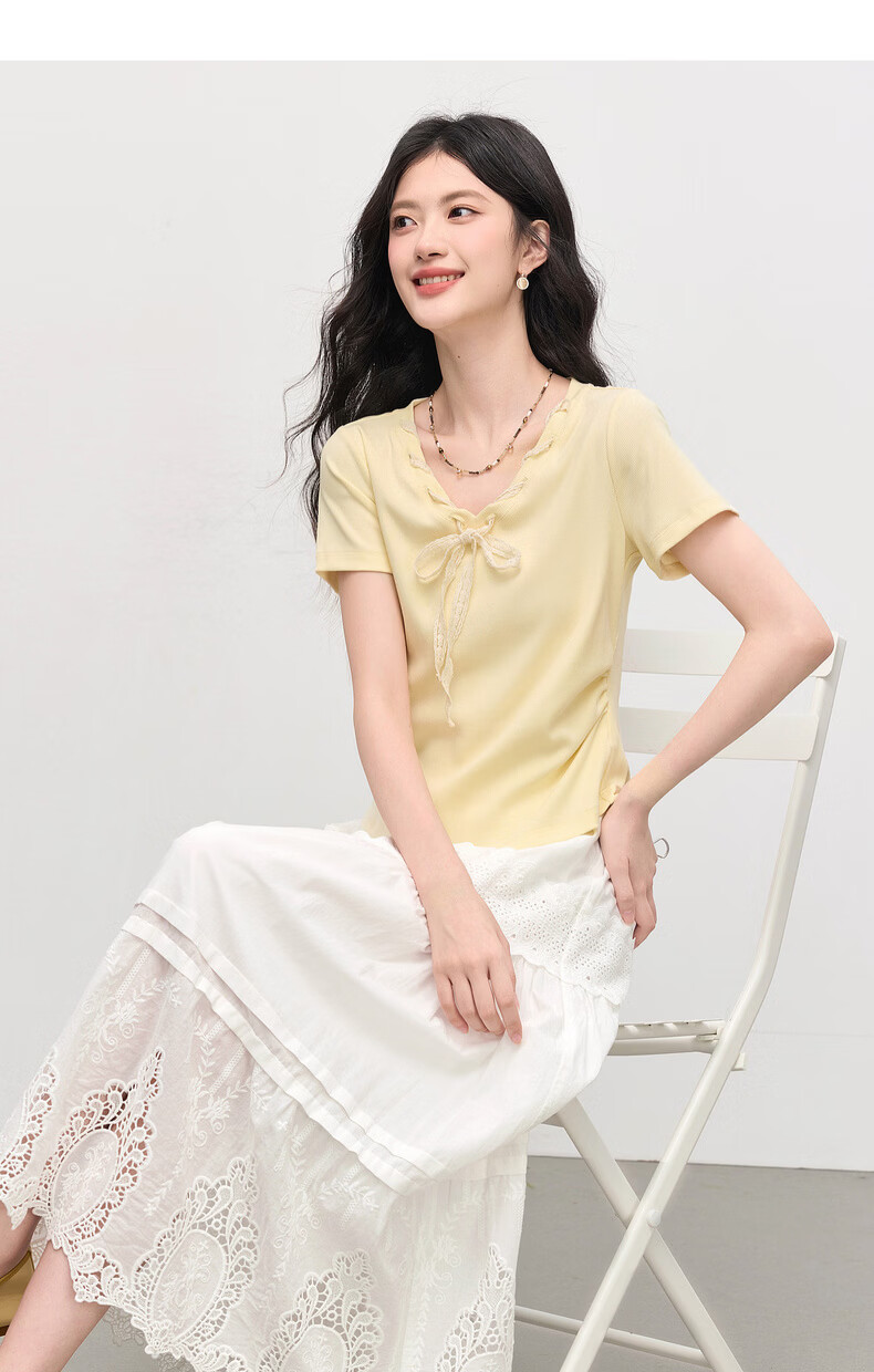 Sllsky Yellow Bow Tie V-Neck Short Sleeve T-Shirt Summer Women's Stylish Waist-Cinching Top 18