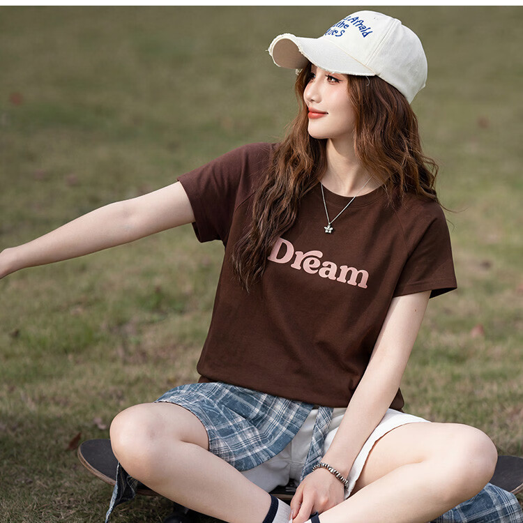 TonLion 2026 Summer Women's Text Print Short Sleeve T-Shirt Dark Coffee Brown L 5