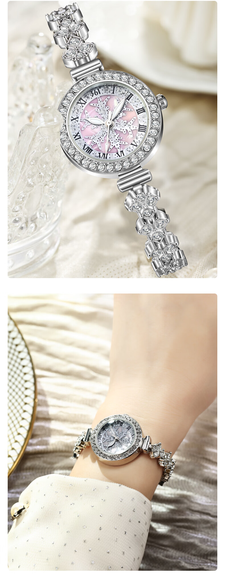 361° Luxury Petite Mermaid Bracelet Watch Snowflake Dial Roman Numerals Elegant Diamond-Studded Women's Watch 5