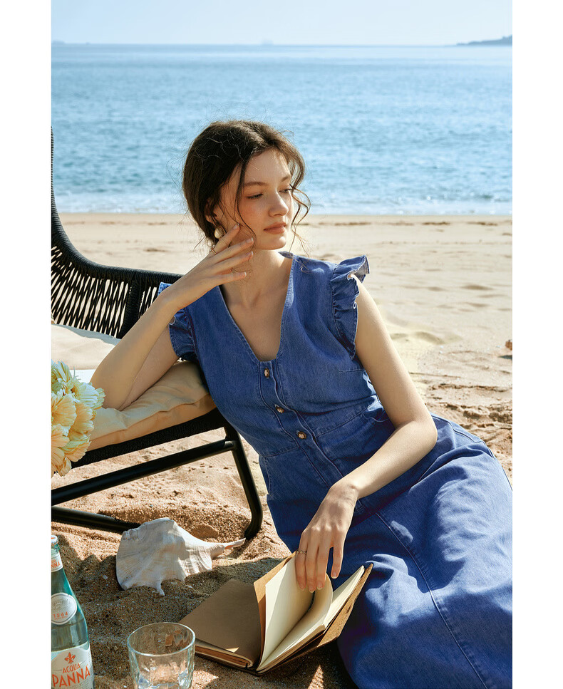 Olrain Eurielle Summer New French Vintage Denim Waist-Slimming Versatile Casual Dress Denim Blue M 10