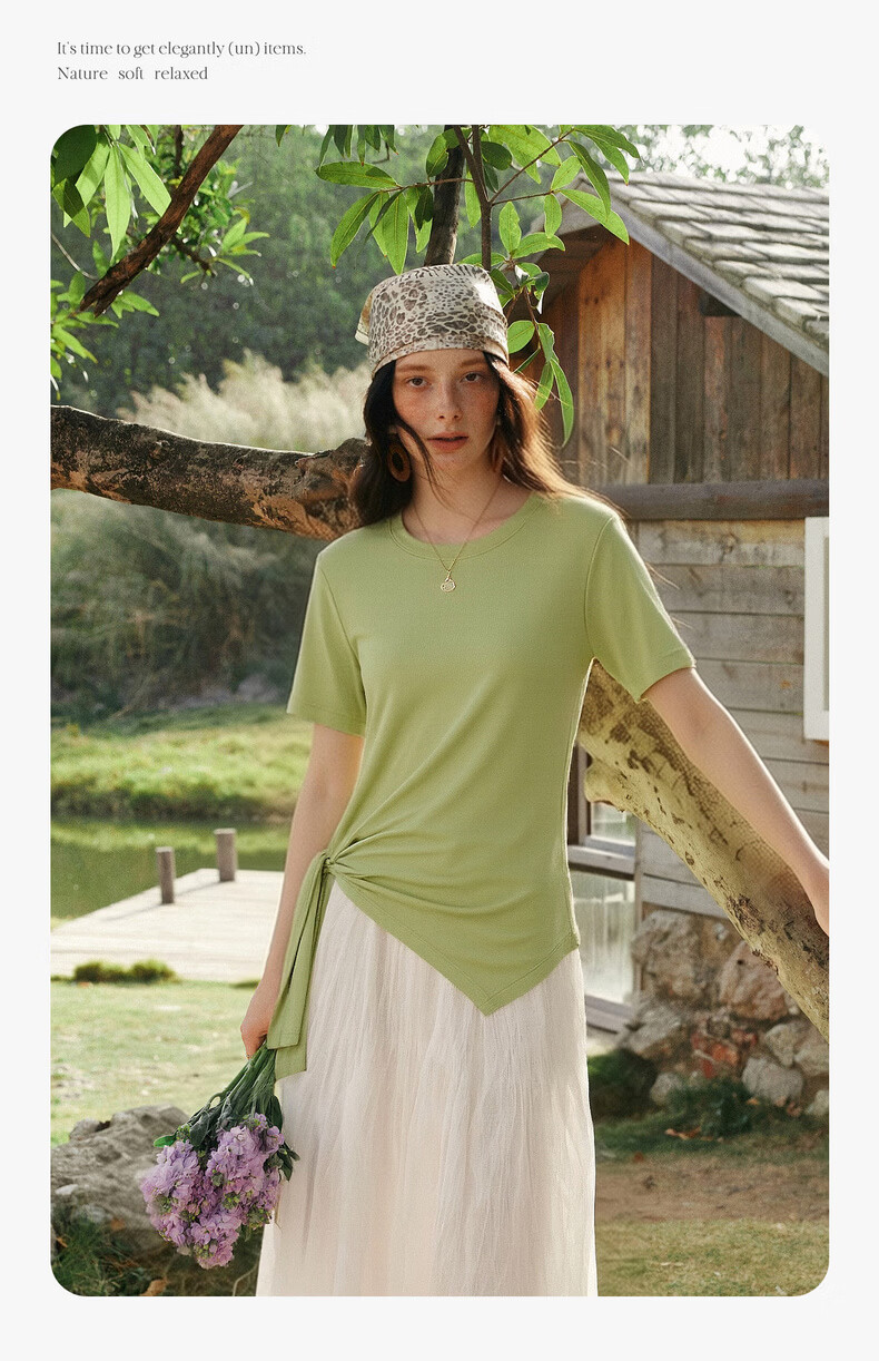 Olrain European Style Summer New French Tie Slim Fit High-End Versatile Short Sleeve T-Shirt for Women Green M 7
