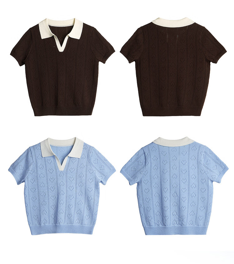 Olrain Colorblock Polo Collar Knit Pullover Women's Summer New Simple Commuter Top Brown M 32