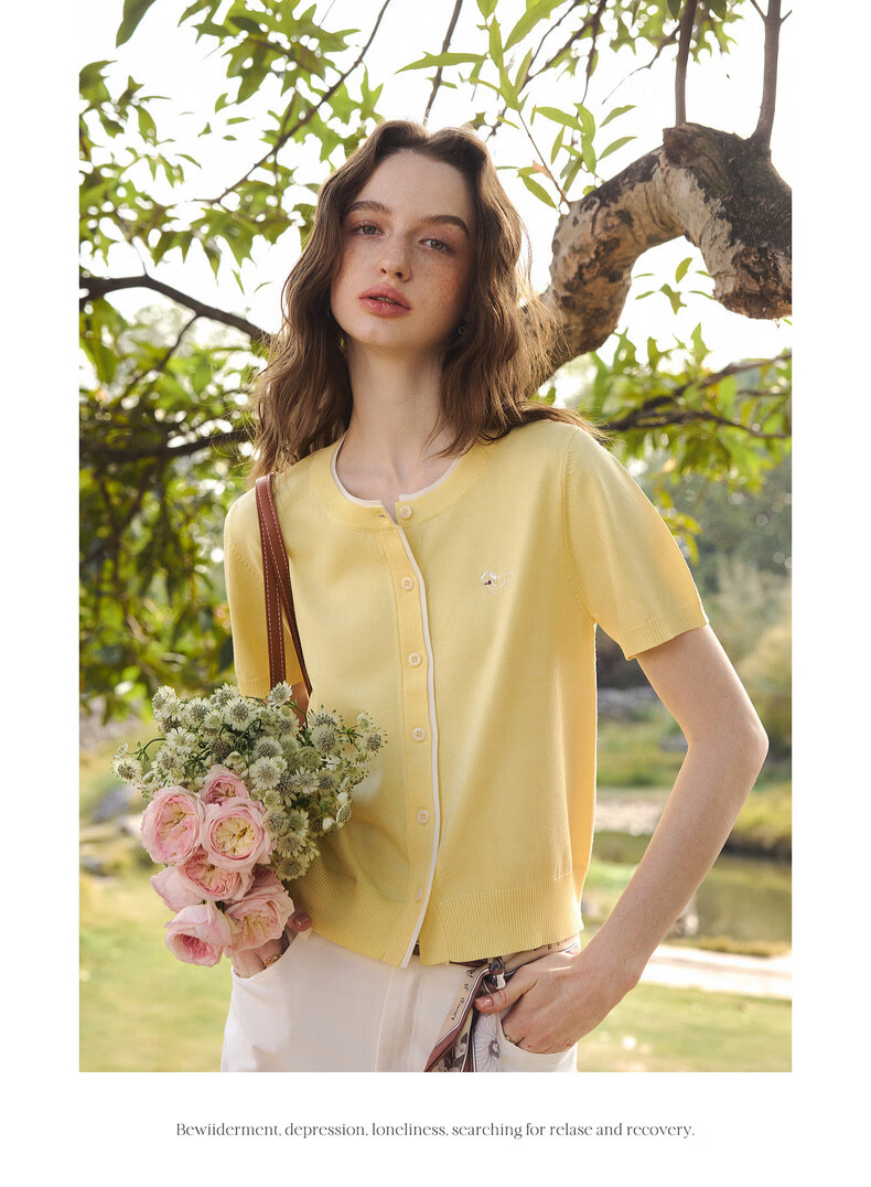 Olrain Eurielle Commuter Simple Ice Silk Fake Two-Piece Knit Cardigan Women Summer Short Sleeve Top Yellow M 20