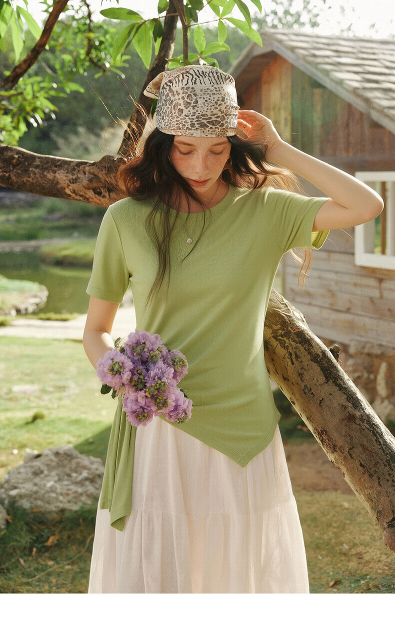 Olrain European Style Summer New French Tie Slim Fit High-End Versatile Short Sleeve T-Shirt for Women Green M 12