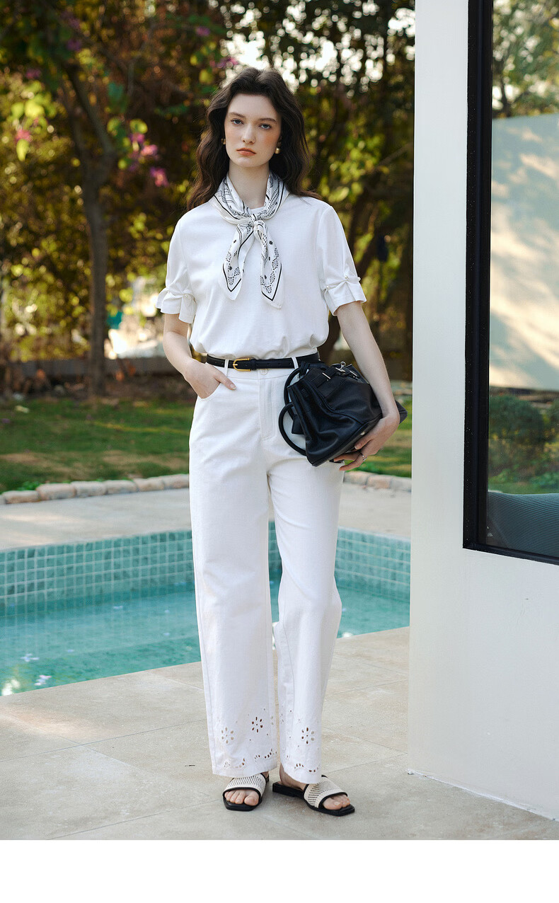 Olrain Summer New Ribbed Crew Neck Deconstructed Gathered Cuff Short Sleeve T-Shirt for Women, Off-White, Size S 10