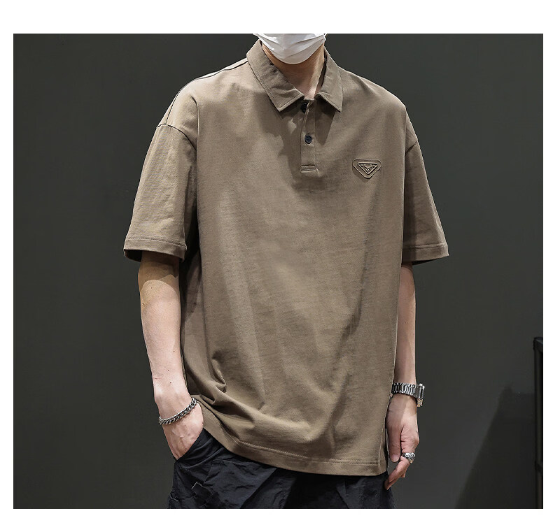 ROMON American Vintage Cotton Short Sleeve T-Shirt Men's Summer Heavyweight Casual Versatile Polo Shirt Black XL 6