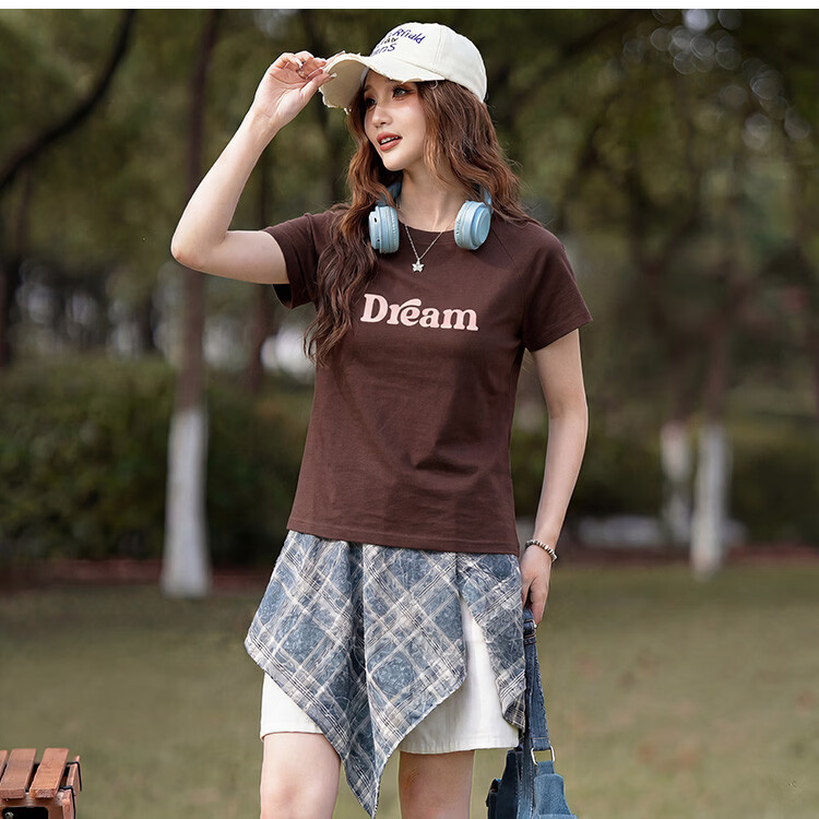 TonLion 2026 Summer Women's Text Print Short Sleeve T-Shirt Dark Coffee Brown L 6