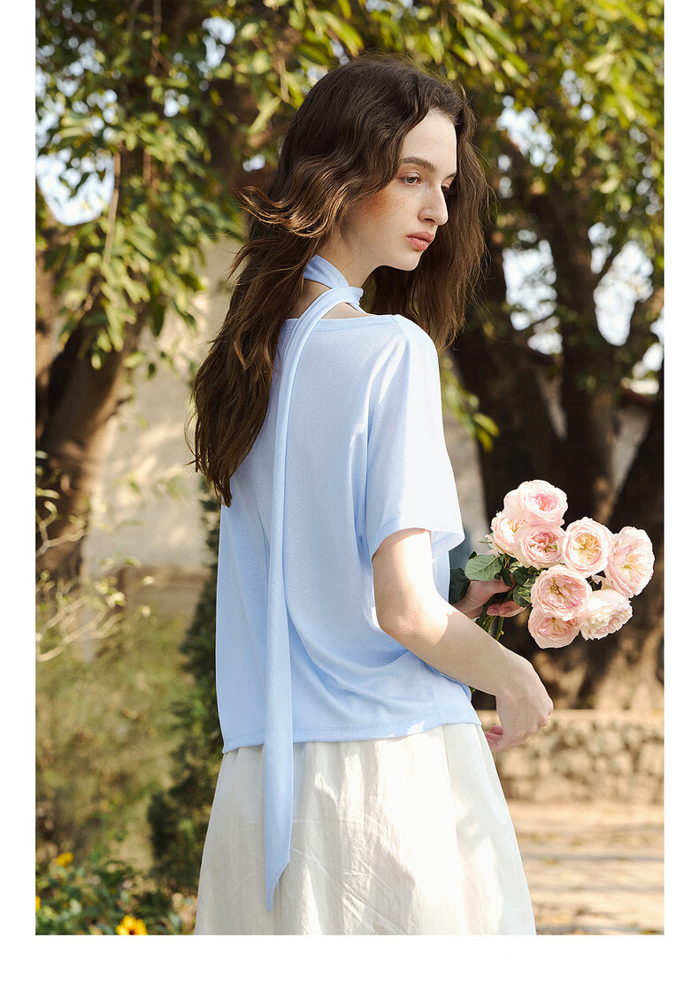 Olrain Eurier Casual Loose Short Sleeve T-Shirt Women Summer New Trendy Top Blue S 25