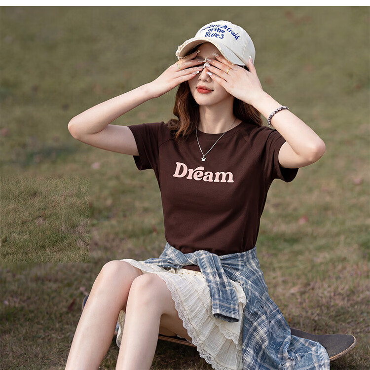 TonLion 2026 Summer Women's Text Print Short Sleeve T-Shirt Dark Coffee Brown L 8
