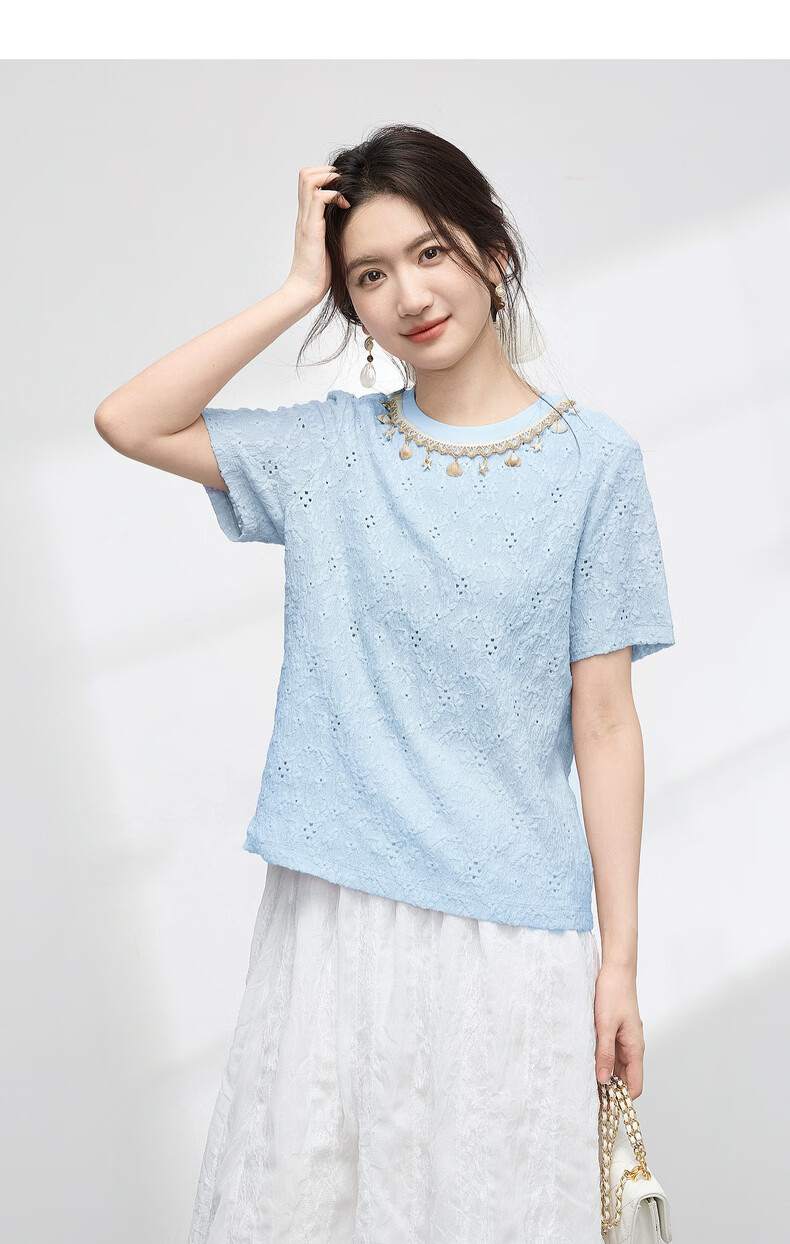 Sllsky Bohemian Heavywork Hollow-out Short Sleeve T-shirt Women Summer 2026 New Elegant Shell Strap Crew Neck Top 25