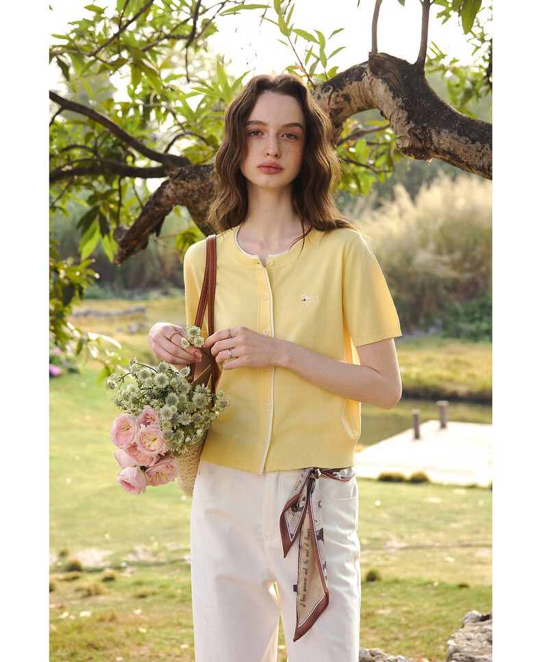 Olrain Eurielle Commuter Simple Ice Silk Fake Two-Piece Knit Cardigan Women Summer Short Sleeve Top Yellow M 19