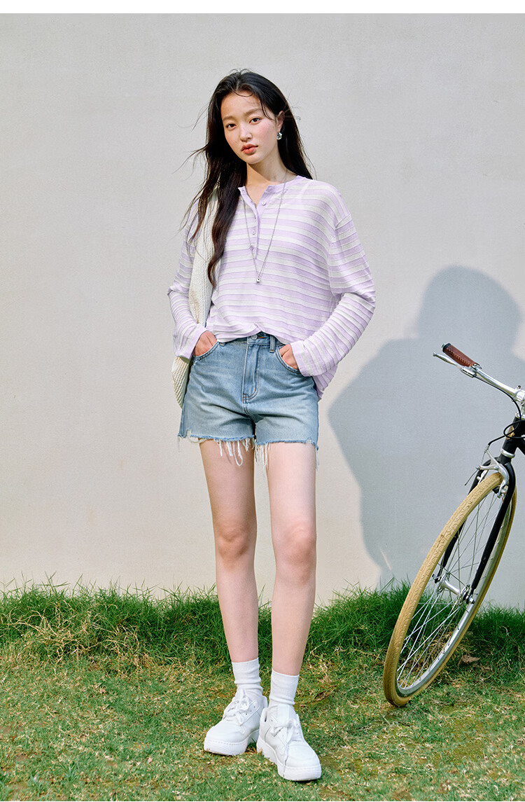 Inman [Linen Tencel] Henry Collar Striped Knit Top Summer New Women's Nautical Style Pullover Klein Blue M 26