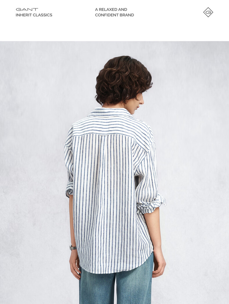GANT Women's Spring Summer Pure Linen Striped Vintage American Style Long Sleeve Shirt 409-Navy Blue White Stripes M 6