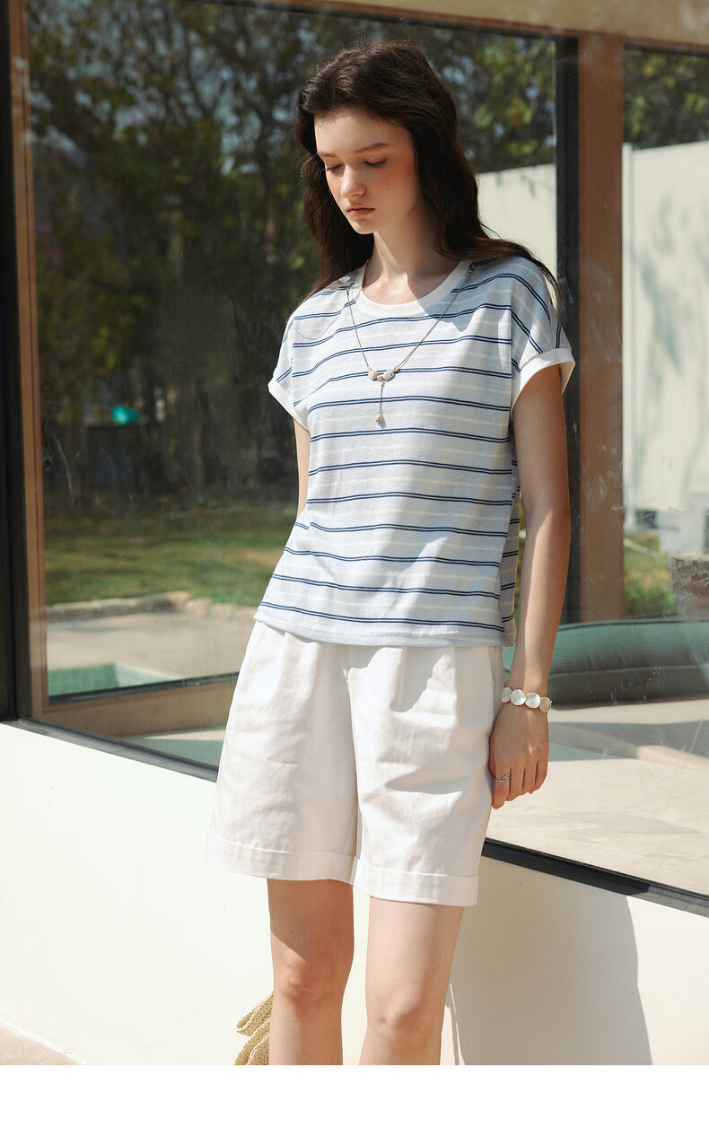 Olrain Summer New Blue and White Color Block Striped Loose Casual Commuting Short Sleeve T-Shirt for Women Striped L 10