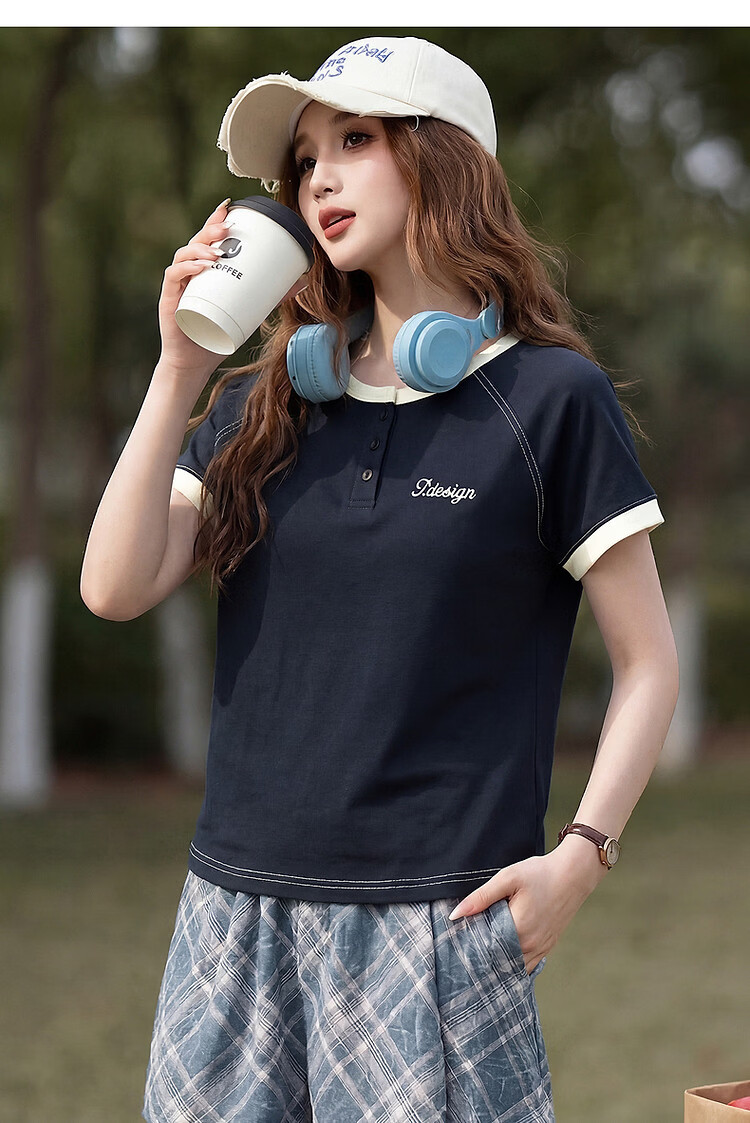 TonLion 2026 Summer Women's Colorblock Mid-Length Short Sleeve T-Shirt Navy Blue L 7