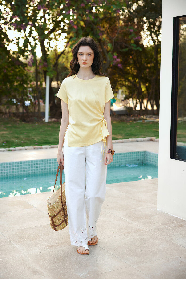 Olrain European Style Summer New French Drawstring Waist Slim Fit Short Sleeve T-Shirt Women Solid Color Versatile Top Yellow L 10