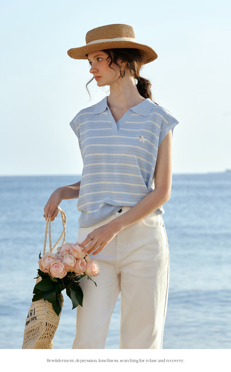 Olrain Summer New Polo Collar Color-Block Embroidered Lightweight Striped Pullover Knitwear for Women Blue Stripes L 4