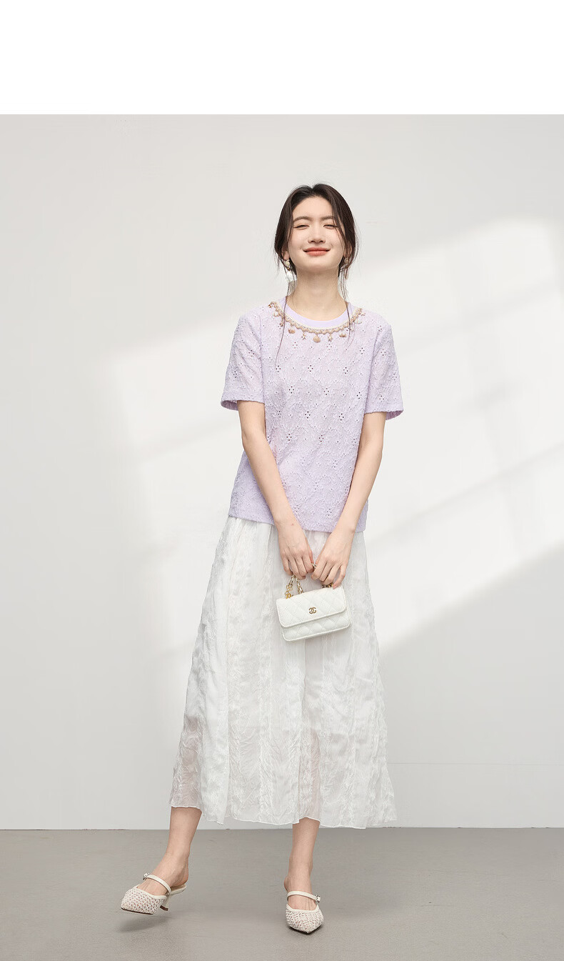 Sllsky Bohemian Heavywork Hollow-out Short Sleeve T-shirt Women Summer 2026 New Elegant Shell Strap Crew Neck Top 19