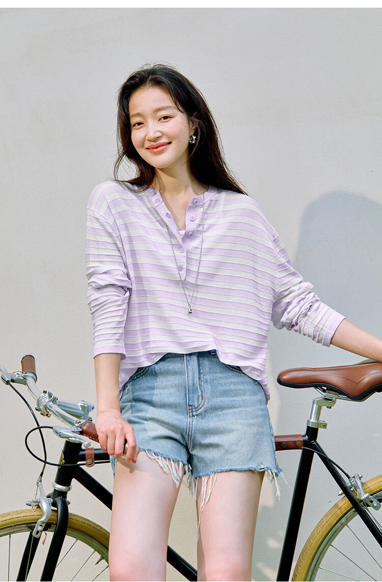 Inman [Linen Tencel] Henry Collar Striped Knit Top Summer New Women's Nautical Style Pullover Klein Blue M 25