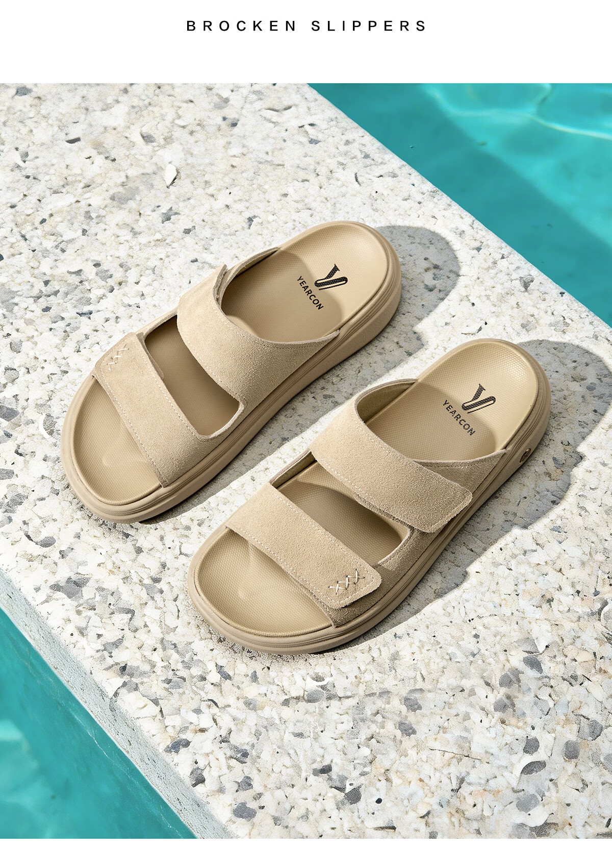 Eierkang Men's Boken Style Thick Sole Slip-On Beach Sandals Casual One-Strap Slippers 96262W Apricot Size 38 10