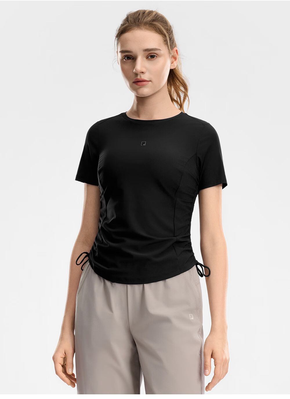 FILA Official Women's Knitted Short Sleeve Shirt 2026 Summer New Fitness Sports Patchwork Crew Neck Black T-Shirt 5