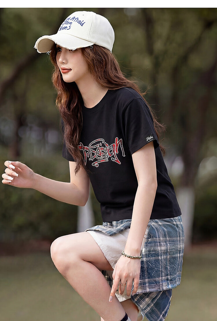 TonLion [Guan Xiaotong Same Style] Tang Lion 2026 Summer Women's Short Sleeve T-Shirt Trendy Plaid Black Loose Top 10