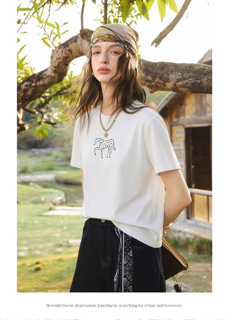 Olrain Summer New Pure Cotton Casual Loose Women's Printed Design Commuter Short Sleeve T-Shirt Black XL 12