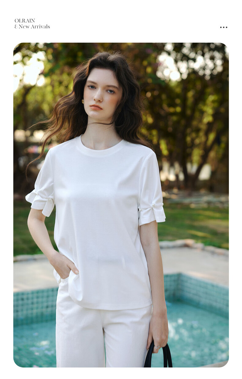 Olrain Summer New Ribbed Crew Neck Deconstructed Gathered Cuff Short Sleeve T-Shirt for Women, Off-White, Size S 2