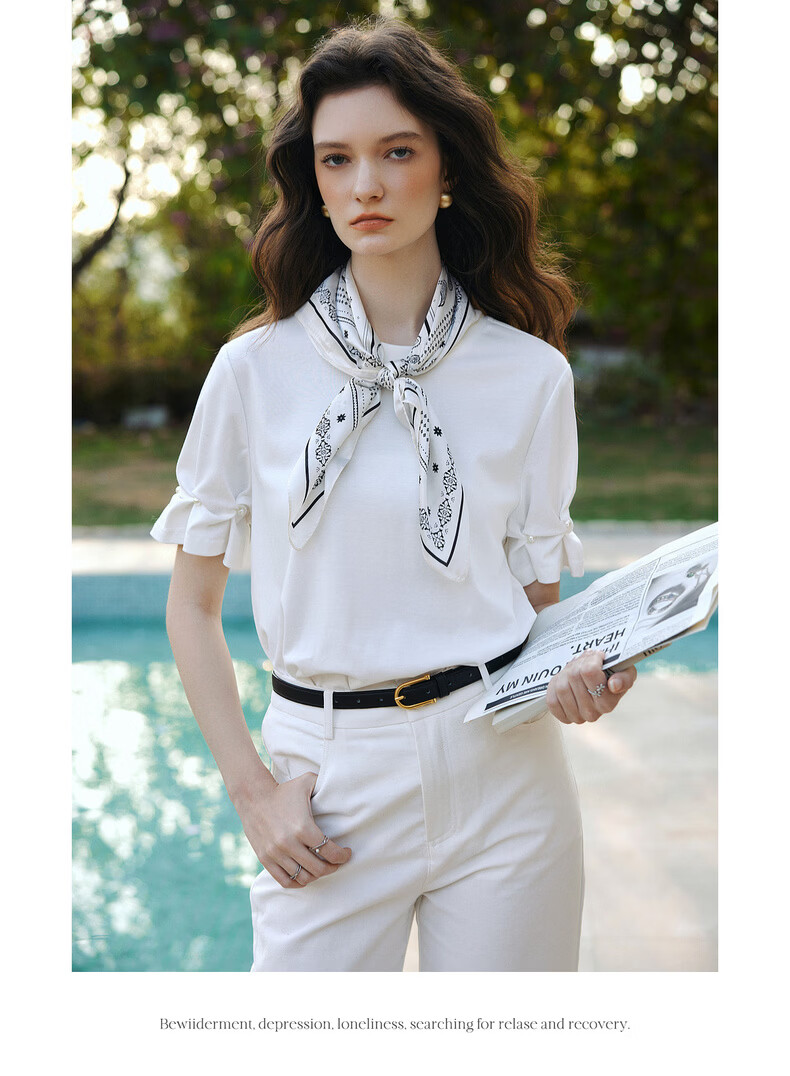 Olrain Summer New Ribbed Crew Neck Deconstructed Gathered Cuff Short Sleeve T-Shirt for Women, Off-White, Size S 14
