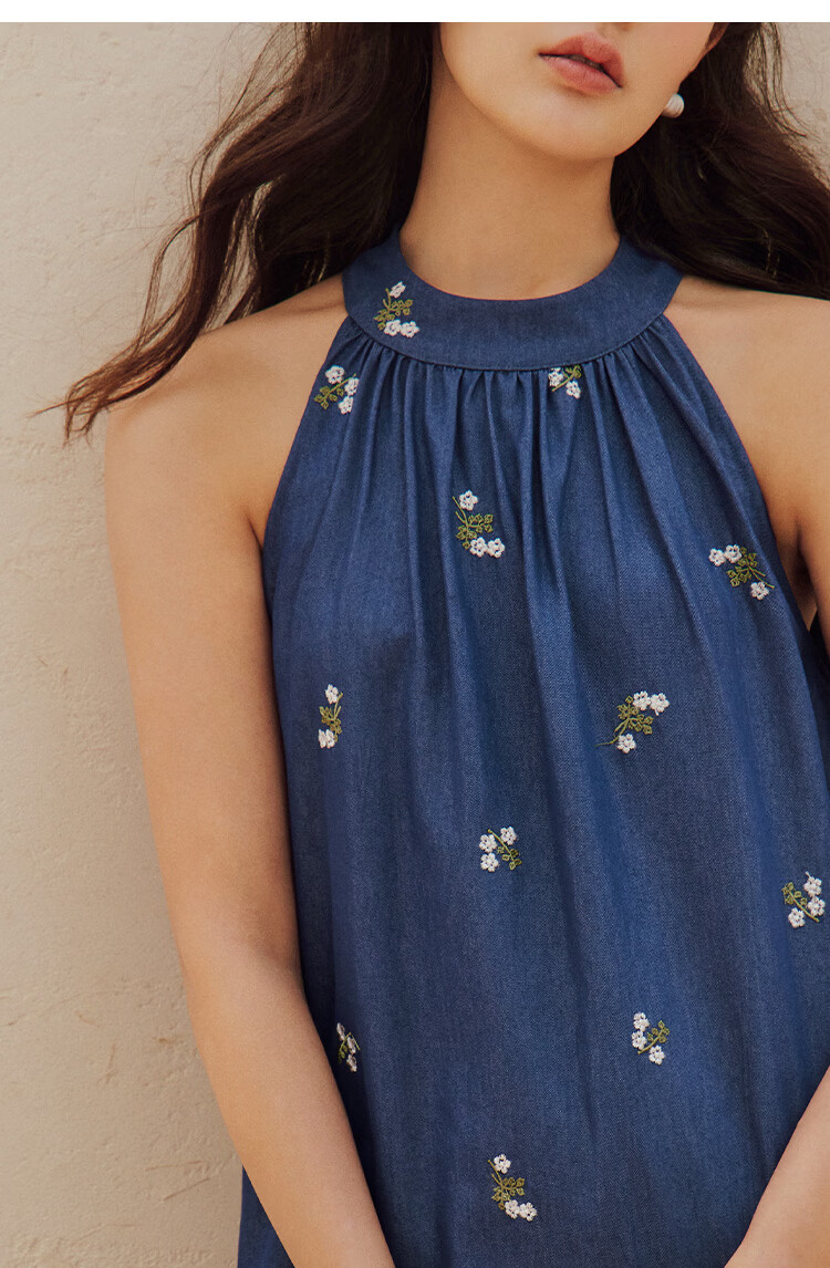 INMAN Floral Embroidered Halter Neck Sleeveless Dress Summer 2026 Women's Long Dress Deep Blue S 16