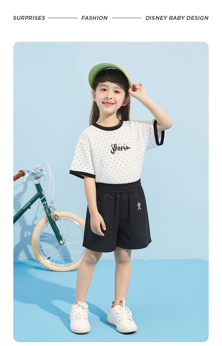 Disney Kids Boys and Girls Short Sleeve Set 2026 Summer New Children's Pure Cotton Casual Set Black and White Polka Dots Size 120 20