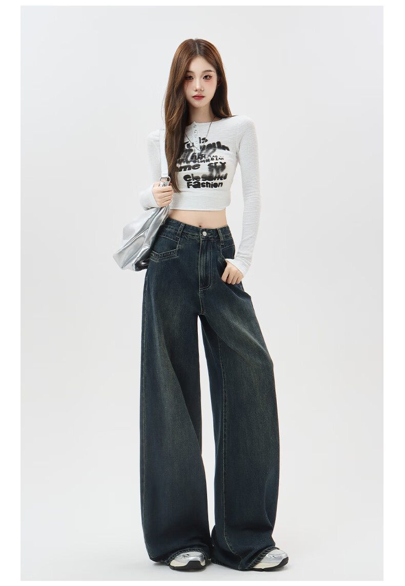 Romon High Waist Wide Leg Jeans Women American Vintage Loose Flared Pants Retro Blue M 10