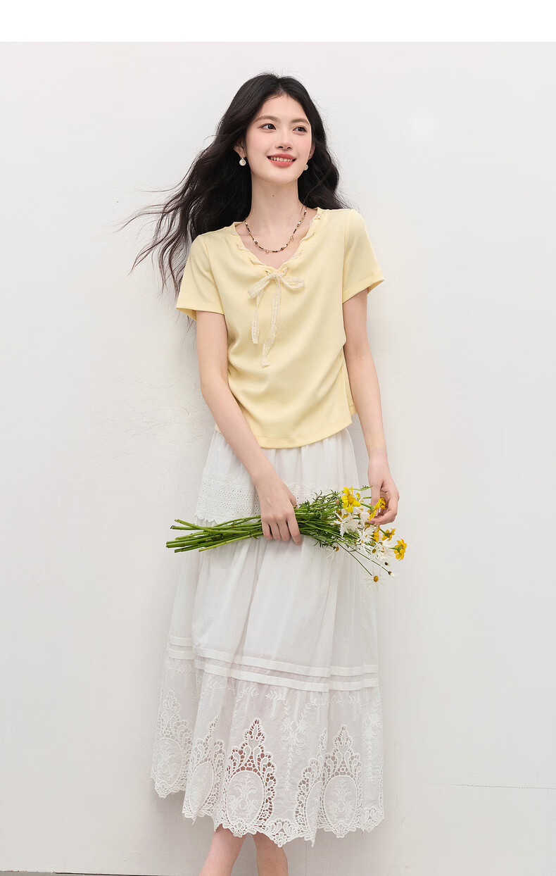 Sllsky Yellow Bow Tie V-Neck Short Sleeve T-Shirt Summer Women's Stylish Waist-Cinching Top 13