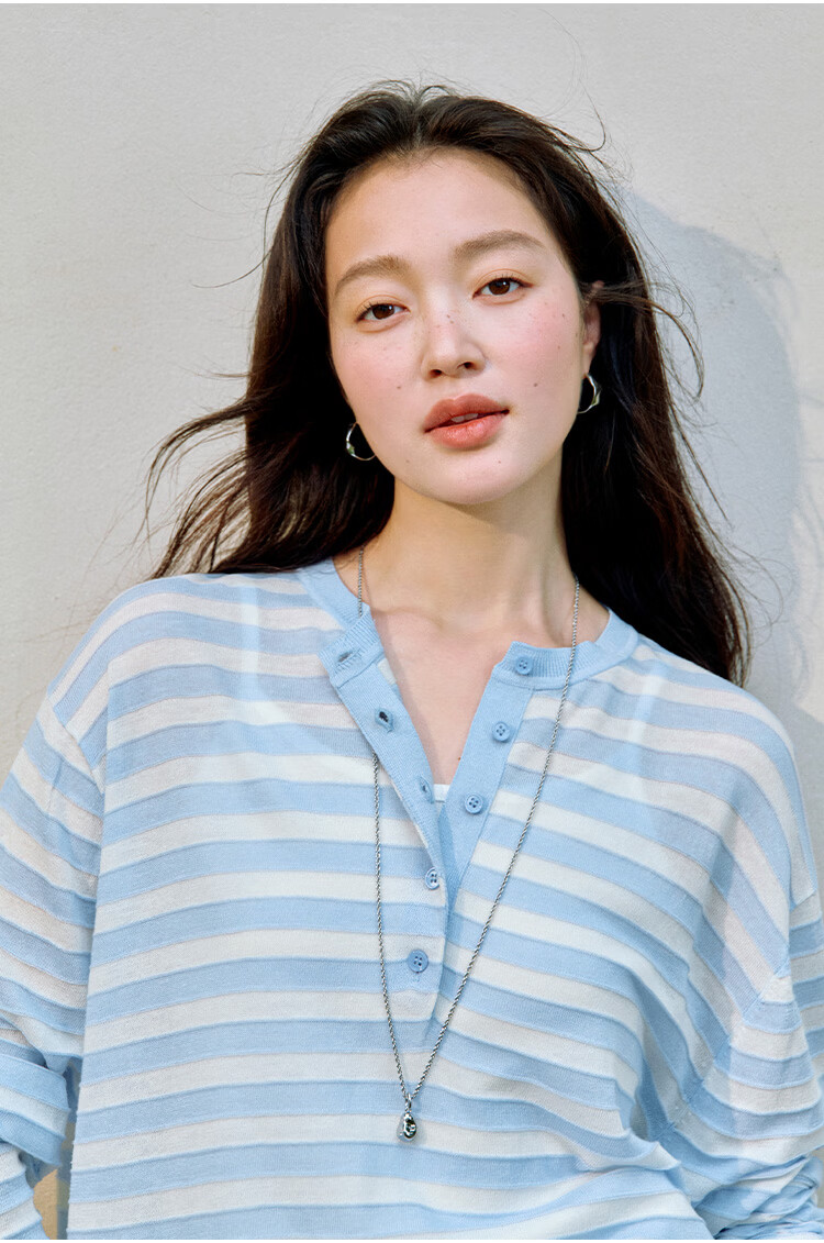 Inman [Linen Tencel] Henry Collar Striped Knit Top Summer New Women's Nautical Style Pullover Klein Blue M 4