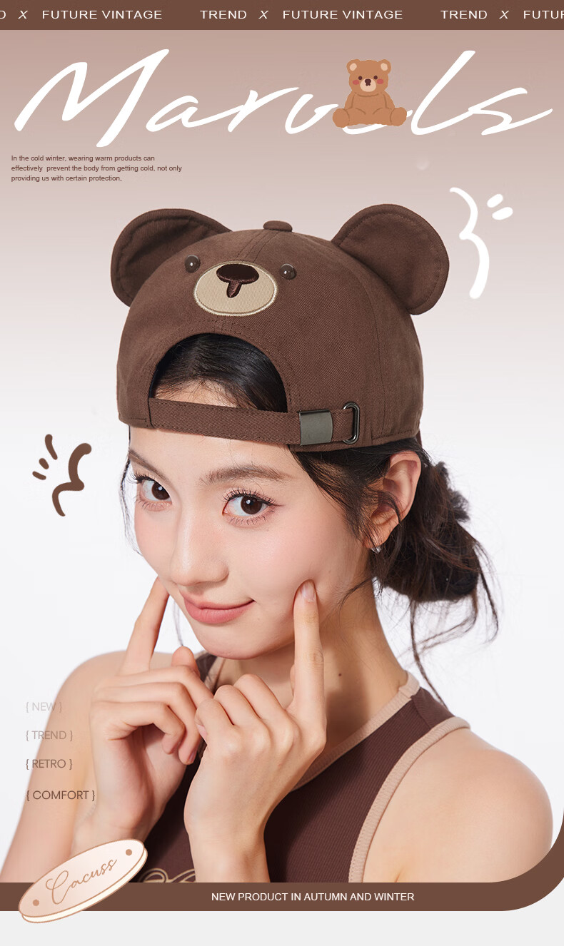 CACUSS Women's Duckbill Cap Spring Summer New Pure Cotton Soft Top Cartoon Age-Reducing Ear Baseball Cap Cute Bear Brown 1
